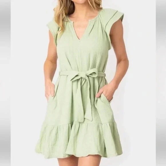 Gibsonlook Sage Green Flutter Sleeve Tiered Dress NWT - Picture 2 of 7